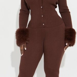Fashion Nova Chocolate Ribbed Knit Jumpsuit with Faux Fur Cuffs